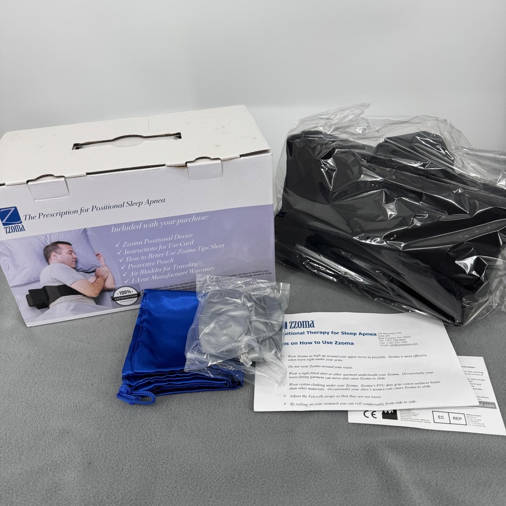 Zzoma Positional Sleeper Device for Sleep Apnea and Snoring Black Blue Pouch
